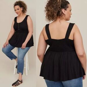 Torrid Slub Smocked Waist Button Front Tank Deep Black Size 4X Top Babydoll Boho
